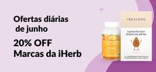 Banner das ofertas diárias de junho com 20% OFF nas Marcas da iHerb usando o código JUN25HB, com destaque para produtos de bem-estar.