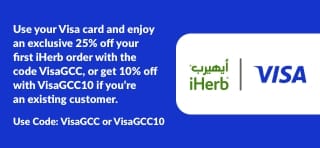 Use your Visa card and enjoy an exclusive 25% off your first iHerb order with the code VisaGCC, or get 10% off with VisaGCC10 if you’re an existing customer.