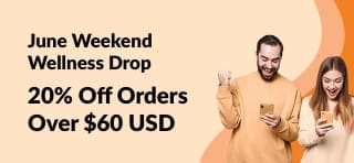 Excited couple reading about iHerb's June wellness deal: 20% off orders over $60 with code JUN25SW