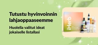 iHerbin hyvinvointilahjaoppaan banneri, jossa esitellään huolella valittuja itsehoito- ja kauneuslahjapakkauksia – täydellisiä kaikille lahjalistallasi.