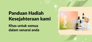 Sepanduk Panduan Hadiah Kesejahteraan iHerb memaparkan set hadiah kecantikan dan penjagaan diri khas, sesuai untuk semua orang dalam senarai penerima hadiah anda.