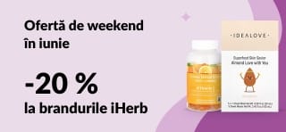 Banner cu ofertă de weekend în iunie, cu -20% la brandurile iHerb folosind codul JUN25HB și produse de sănătate recomandate.