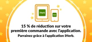 15 % de réduction sur votre première commande avec l'application. Parrainez grâce à l'application iHerb.