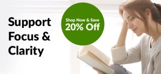 An iHerb banner promoting 20% off brain and cognitive products such as omega-3, ashwagandha and more with a woman reading a book in the background. The promo code is OCT25BRAIN.