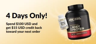 Promo banner with supplements. Text: 4 days only! Spend $100 USD and get $15 USD credit back toward your next order.