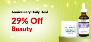 iHerb beauty banner offering 29% off with code 29BEAUTY, featuring moisturizer, hyaluronic serum, cleanser, and toner.