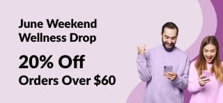 Excited couple reading about iHerb's June wellness deal: 20% off orders over $60 with code JUNSWUS