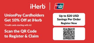 Promotional banner for UnionPay cardholders offering 10% off at iHerb, with savings up to $20 USD per order.