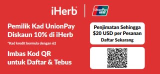 Sepanduk promosi untuk pemegang kad UnionPay menawarkan diskaun 10% di iHerb, dengan penjimatan sehingga $20 USD per pesanan.