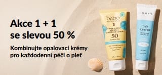 Banner iHerb na opalovací krémy s nabídkou „1 + 1 s 50% slevou“, představující dva SPF produkty pro každodenní péči o pleť.
