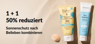 iHerb Sonnencreme-Werbebanner mit 2 Sonnencremes mit 50% Rabatt auf ein Sonnenschutzprodukt beim Kauf eines anderen.