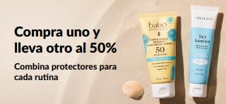 Banner promocional de iHerb con la oferta “Compra uno y lleva otro a mitad de precio” con productos del cuidado de la piel de uso diario.