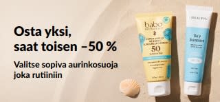 iHerbin mainosbanneri, joka tarjoaa toisen aurinkovoiteen –50 % kun ostat yhden. Kuvassa kaksi aurinkosuojatuotetta päivittäiseen käyttöön.