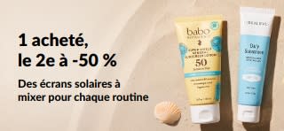 Bannière promo iHerb : 1 acheté, le 2e à -50 %, avec deux produits SPF pour un usage quotidien.