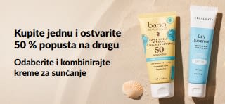 iHerb reklamni natpis za kreme za sunčanje koji promovira ponudu „Kupite jednu kremu za sunčanje i ostvarite 50 % popusta na drugu“ s prikazom dva proizvoda sa SPF faktorom za svakodnevnu njegu kože.