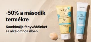 Az iHerb napvédő promóciós bannere, amelyen „-50% a második termékre” ajánlat szerepel, és amely két SPF-tartalmú fényvédőt ábrázol.