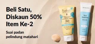 Sepanduk promosi pelindung matahari iHerb menawarkan beli 1 diskaun 50% item ke-2, dengan 2 produk penjagaan SPF untuk kegunaan harian.