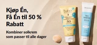 iHerb-kampanjebanner for solkrem: Kjøp én, få én til 50 % rabatt. Inneholder to SPF-hudpleieprodukter for daglig bruk.