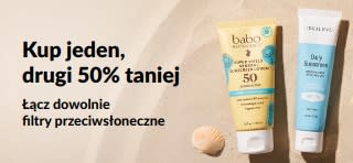 Banner promocyjny iHerb na filtry przeciwsłoneczne z ofertą »Kup 1, drugi 50% taniej«, przedstawiający dwa produkty SPF do pielęgnacji skóry do codziennego użytku