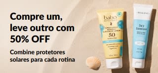 Banner promocional iHerb com protetores solares: compre um, leve outro com 50% OFF, com dois produtos de skincare com FPS para uso diário.