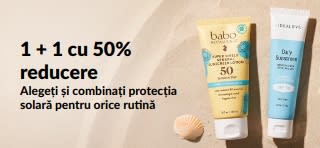 Banner iHerb cu protecție solară, cu oferta 1 + 1 cu 50% reducere și produse cu protecție solară pentru uz zilnic.