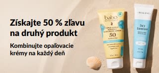 iHerb predajný baner, ktorý propaguje 50 % zľavu na druhý opaľovací krém s dvoma SPF krémami na každodenné použitie.
