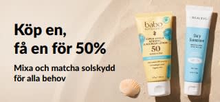 iHerb kampanjbanner för solskydd som erbjuder Köp en, få en för halva priset, med två solskyddsprodukter för daglig användning.