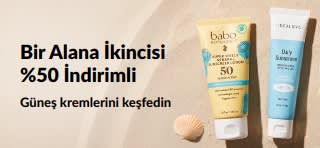 Günlük kullanım için iki SPF cilt bakım ürününü öne çıkaran, 1 Alana 2.si %50 İndirimli güneş kremi kampanyası iHerb banner’ı