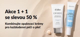 Banner iHerb na opalovací krémy s nabídkou „1 + 1 s 50% slevou“, představující dva SPF produkty pro každodenní péči o pleť.