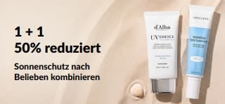 iHerb Sonnencreme-Werbebanner mit 2 Sonnencremes mit 50% Rabatt auf ein Sonnenschutzprodukt beim Kauf eines anderen.