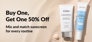 iHerb sunscreen promo banner offering buy one get one 50% off, featuring two SPF skincare products for daily use.