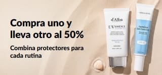 Banner promocional de iHerb con la oferta “Compra uno y lleva otro a mitad de precio” con productos del cuidado de la piel de uso diario.