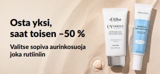 iHerbin mainosbanneri, joka tarjoaa toisen aurinkovoiteen –50 % kun ostat yhden. Kuvassa kaksi aurinkosuojatuotetta päivittäiseen käyttöön.