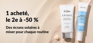 Bannière promo iHerb : 1 acheté, le 2e à -50 %, avec deux produits SPF pour un usage quotidien.