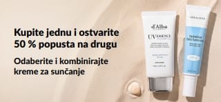 iHerb reklamni natpis za kreme za sunčanje koji promovira ponudu „Kupite jednu kremu za sunčanje i ostvarite 50 % popusta na drugu“ s prikazom dva proizvoda sa SPF faktorom za svakodnevnu njegu kože.