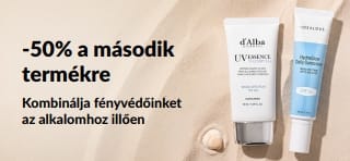 Az iHerb napvédő promóciós bannere, amelyen „-50% a második termékre” ajánlat szerepel, és amely két SPF-tartalmú fényvédőt ábrázol.