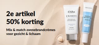 iHerb-promotiebanner voor zonnebrandcrème met een actie: 2e artikel 50% korting. De banner toont twee huidverzorgingsproducten met SPF voor dagelijks gebruik.