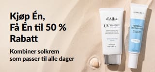 iHerb-kampanjebanner for solkrem: Kjøp én, få én til 50 % rabatt. Inneholder to SPF-hudpleieprodukter for daglig bruk.