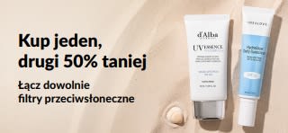 Banner promocyjny iHerb na filtry przeciwsłoneczne z ofertą »Kup 1, drugi 50% taniej«, przedstawiający dwa produkty SPF do pielęgnacji skóry do codziennego użytku