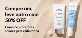 Banner promocional iHerb com protetores solares: compre um, leve outro com 50% OFF, com dois produtos de skincare com FPS para uso diário.