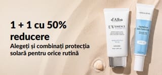 Banner iHerb cu protecție solară, cu oferta 1 + 1 cu 50% reducere și produse cu protecție solară pentru uz zilnic.