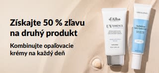 iHerb predajný baner, ktorý propaguje 50 % zľavu na druhý opaľovací krém s dvoma SPF krémami na každodenné použitie.