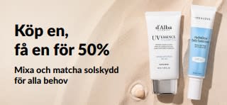 iHerb kampanjbanner för solskydd som erbjuder Köp en, få en för halva priset, med två solskyddsprodukter för daglig användning.