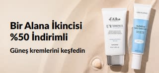 Günlük kullanım için iki SPF cilt bakım ürününü öne çıkaran, 1 Alana 2.si %50 İndirimli güneş kremi kampanyası iHerb banner’ı