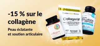 Bannière iHerb avec -15 % sur le collagène.