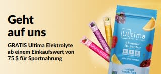Banner, das für kostenlose Ultima-Elektrolyte wirbt, wenn du 75 $ oder mehr für Sportnahrung ausgibst