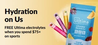 Banner promoting free Ultima electrolytes when you spend $75+ on sports