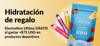 Banner que promociona electrolitos Ultima gratis al gastar más de $75 USD en productos deportivos