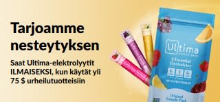 Banneri, joka tarjoaa Ultima-elektrolyytit ilmaiseksi kun käytät yli 75 $ urheilutuotteisiin