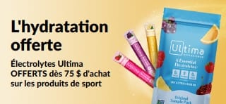 Bannière promotionnelle offrant des électrolytes Ultima dès 75 $ d'achat sur les produits de sport
